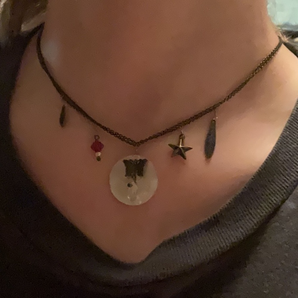 Ladies Bohemian Design Necklace with Butterflies, Feathers, Crystals and Shell